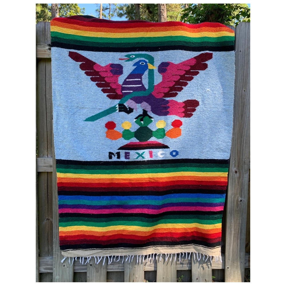 Vintage Mexico Tapestry Blanket Blue Mexican Eagle Snake Handwoven Throw 80x40